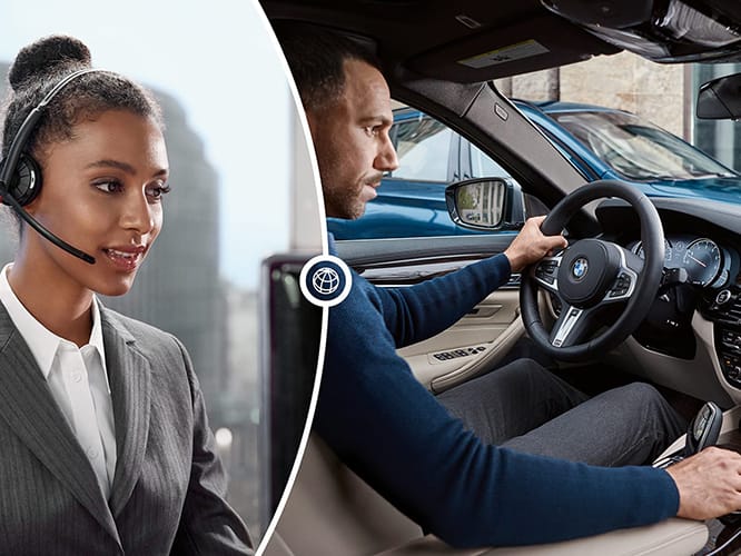 Master Technician Team member assisting BMW driver over the phone while he is in his car