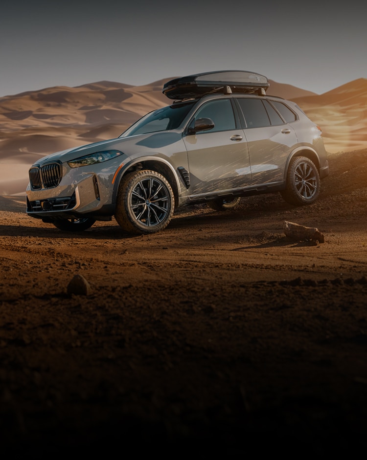 A BMW parked in a rugged desert