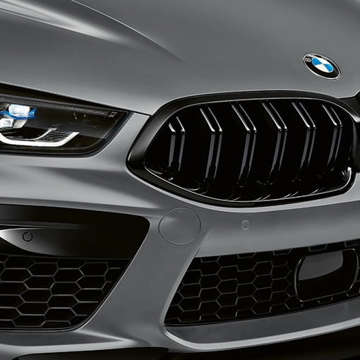 Close up of kidney grille and roundel on a BMW M8 Competition Gran Coupe