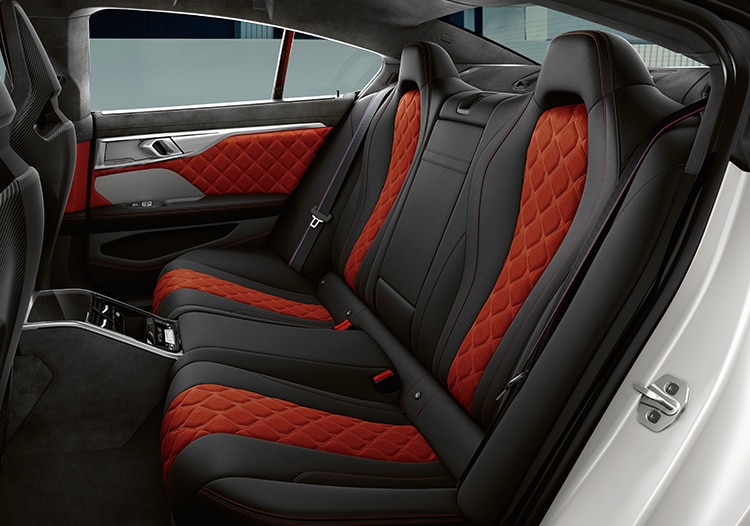 Detail of M Sport Seats with Black Full Merino Leather and Sakhir Orange Alcantara Cloth
